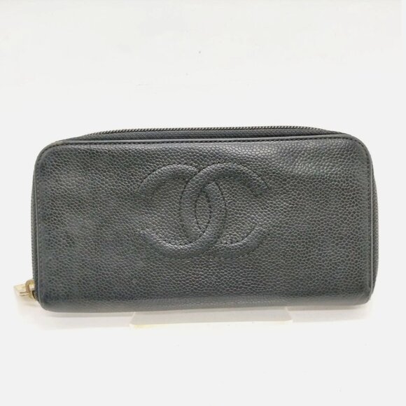 Chanel Long Wallet Black Caviar Skin Leather Wallet